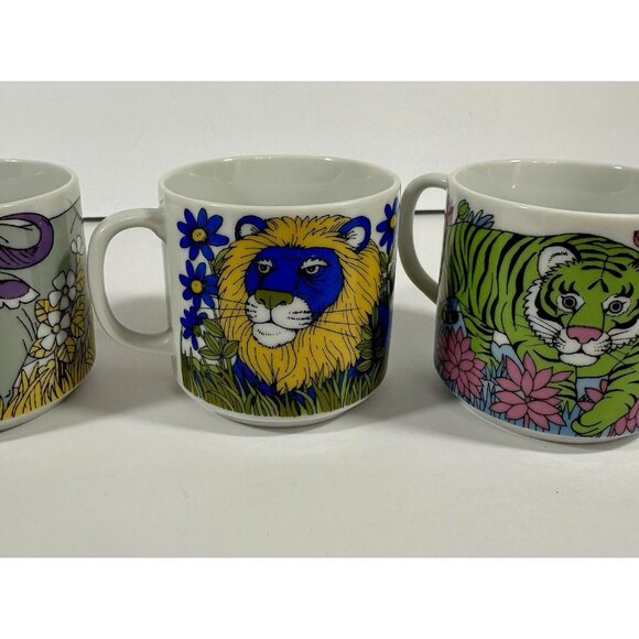 SI Japan Coffee Cup Mugs Tiger Lion Water Buffalo Animals Vintage Retro Drink - Picture 4 of 11